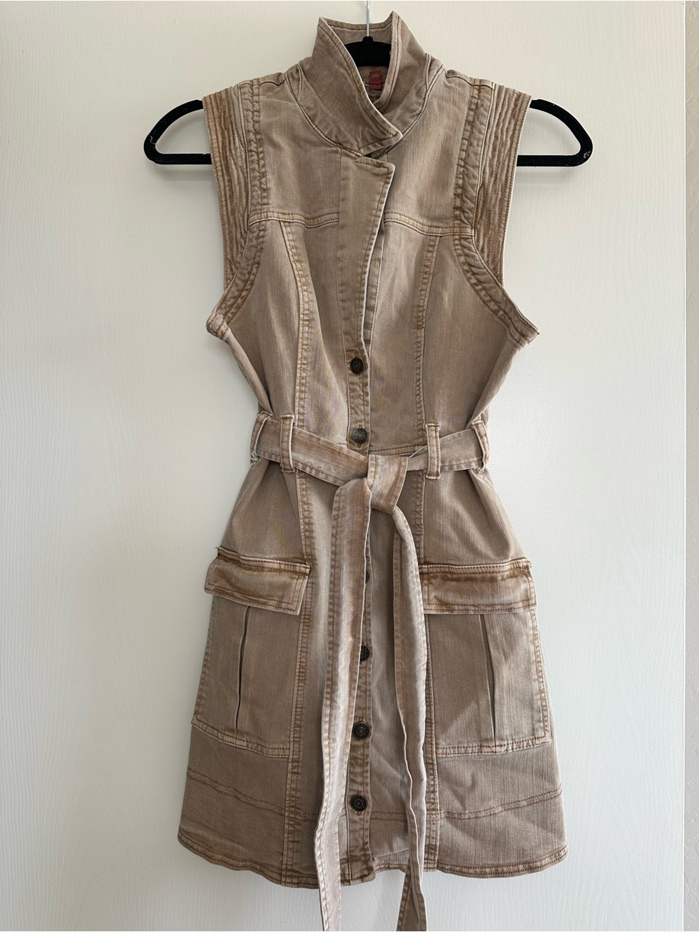 Pilcro Anthropologie Belted Sleeveless Denim Utility Dress in Taupe - Size 2